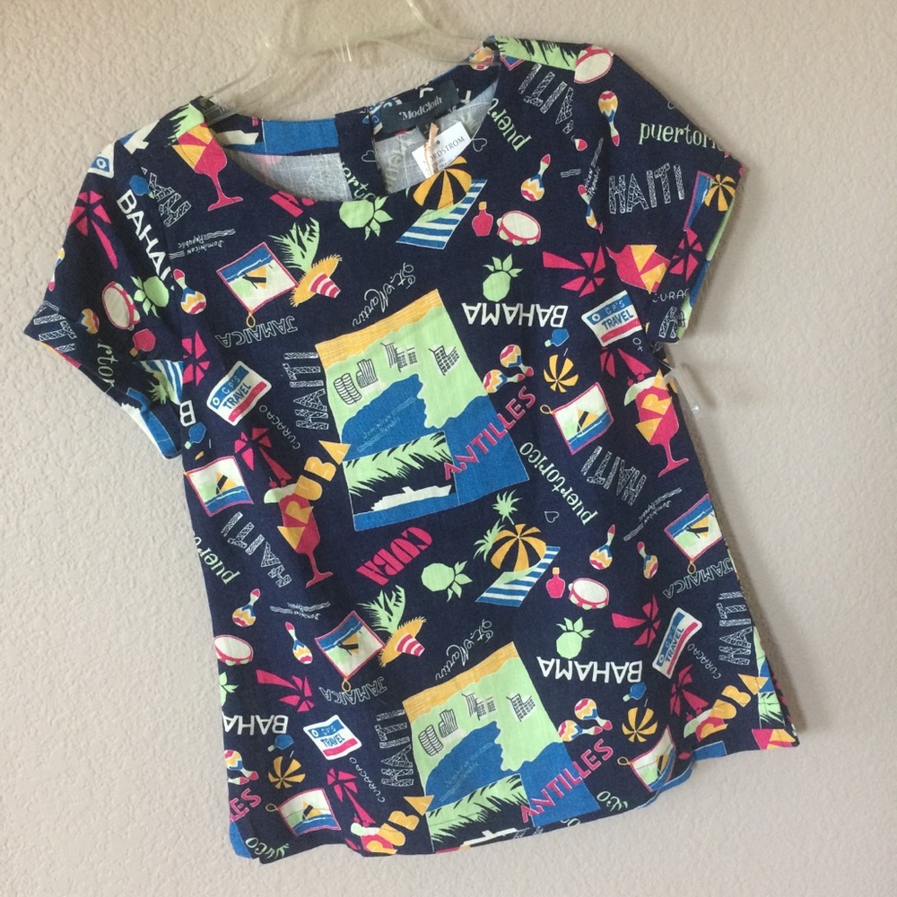ModCloth navy travel print linen blouse top